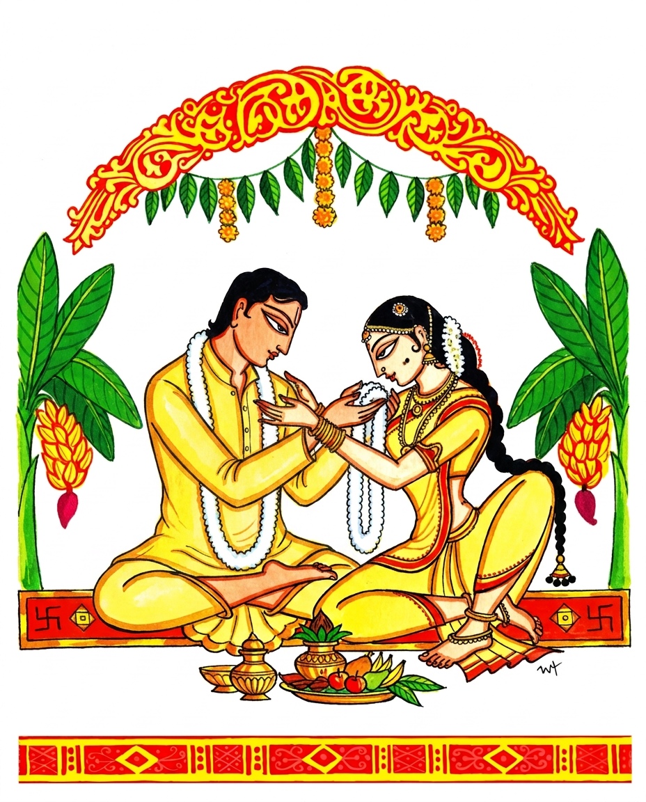 Illustration of the bride and groom exchanging garlands beneath a golden mandapam